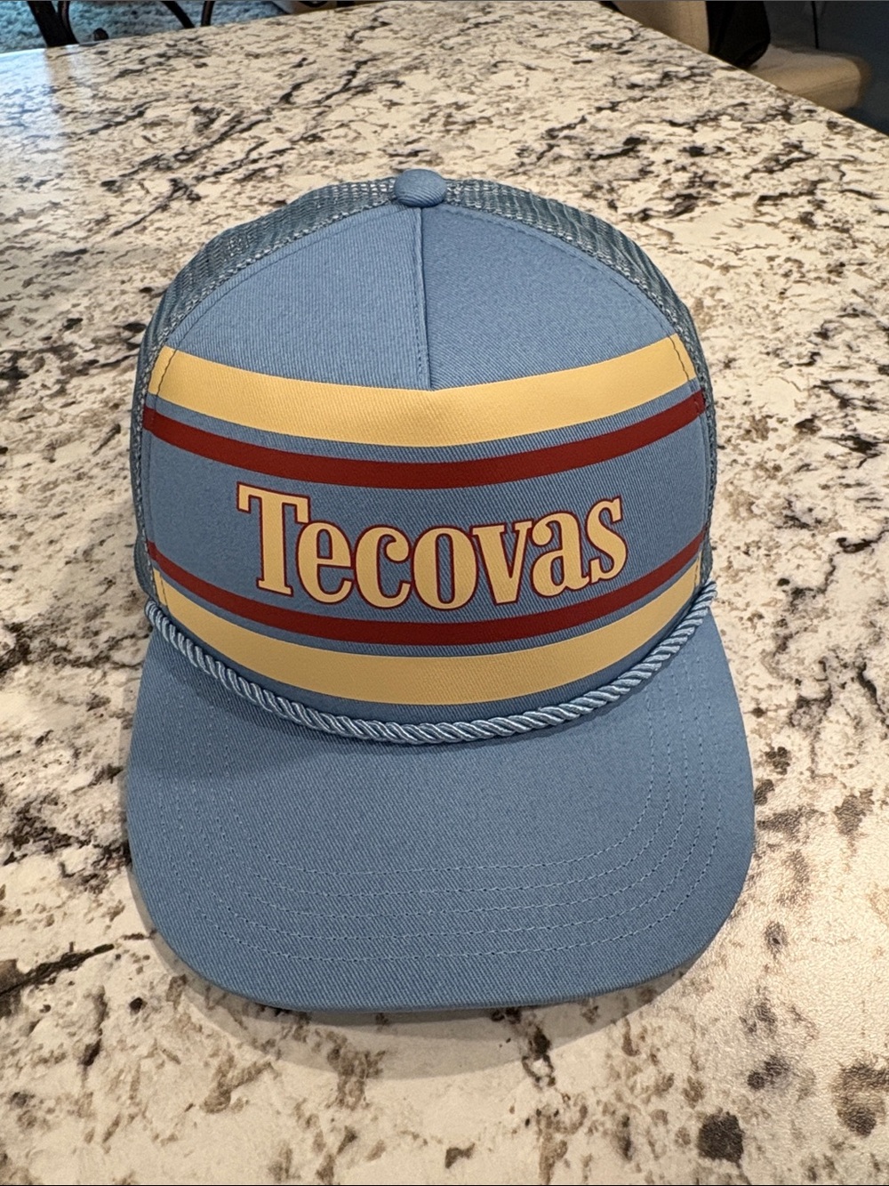Tecovas Light Blue Trucker Cap with Yellow and Red Stripes